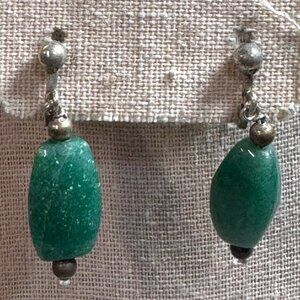 Vintage Green Aventurine & Silver Screw Back Earrings Clip On Gemstone Dangle